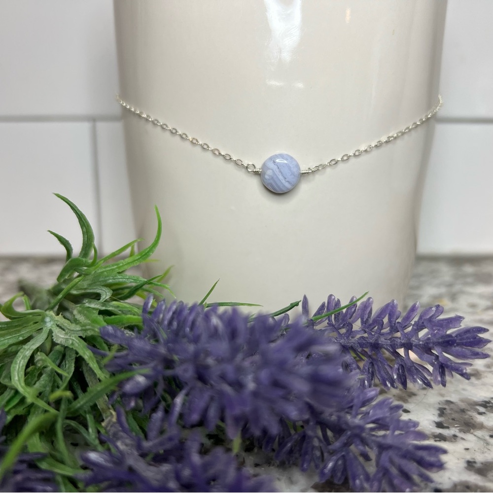 Handmade Blue Lace Agate Stone Necklace on Sterling Silver